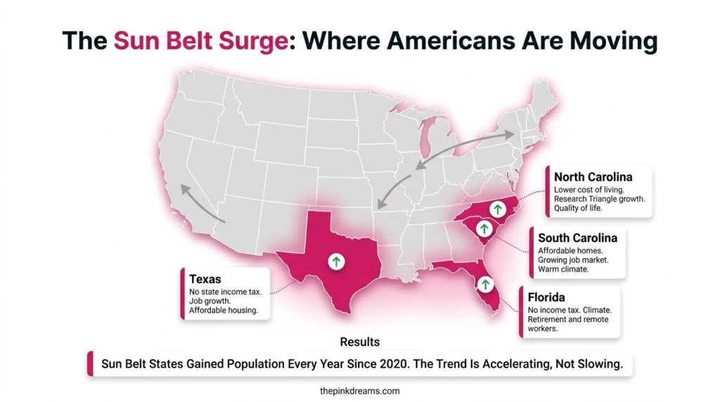 Map showing Sun Belt states gaining residents in 2025