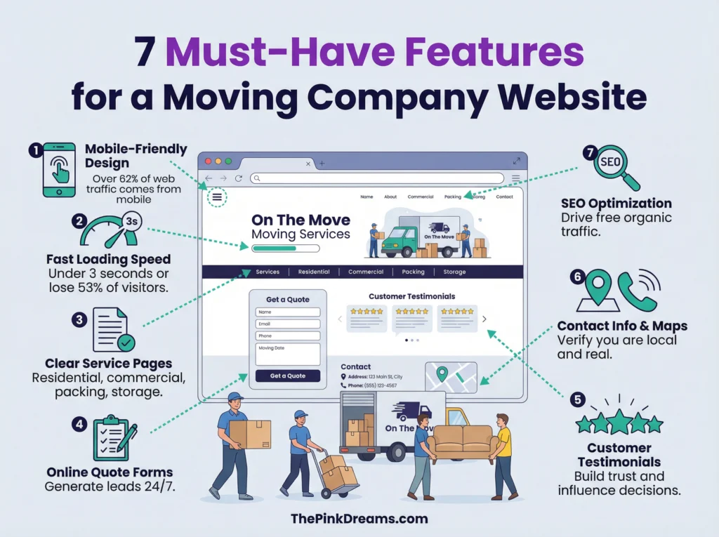 Essential website features for moving companies and local SEO.