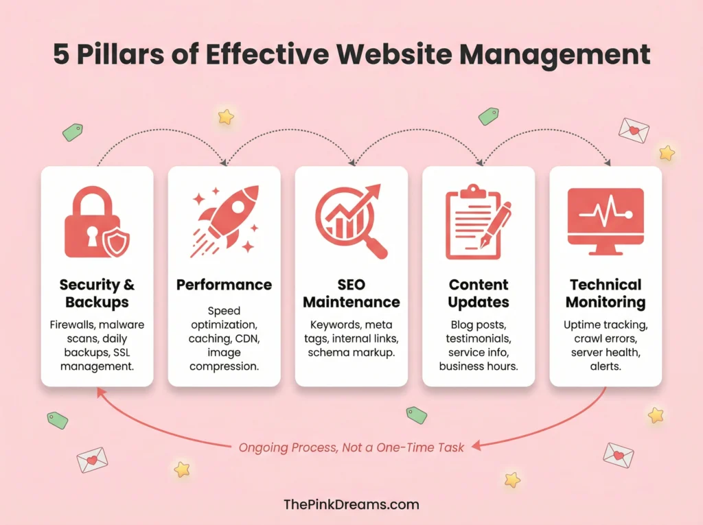 Five pillars of effective website management and maintenance.