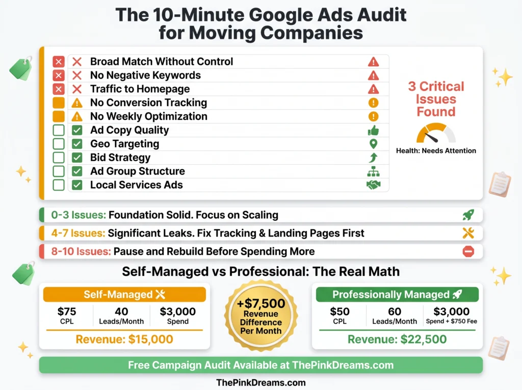 10-minute Google Ads audit checklist for moving companies to identify wasted budget and campaign issues