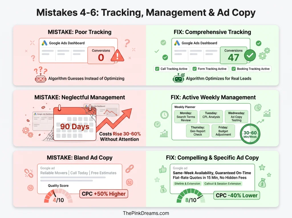 Google Ads tracking, campaign management, and ad copy mistakes that increase cost per lead for moving companies