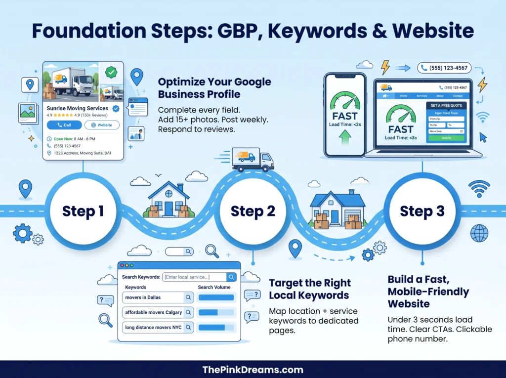 Google Business Profile optimization and local keyword targeting for moving company Google rankings