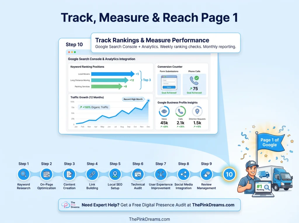 Moving company SEO reporting dashboard tracking rankings, traffic, calls, and lead generation performance