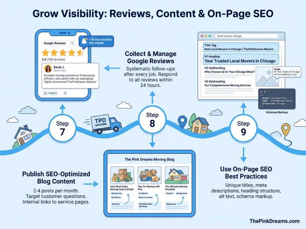 On-page SEO best practices for moving companies including reviews, content marketing, and schema markup