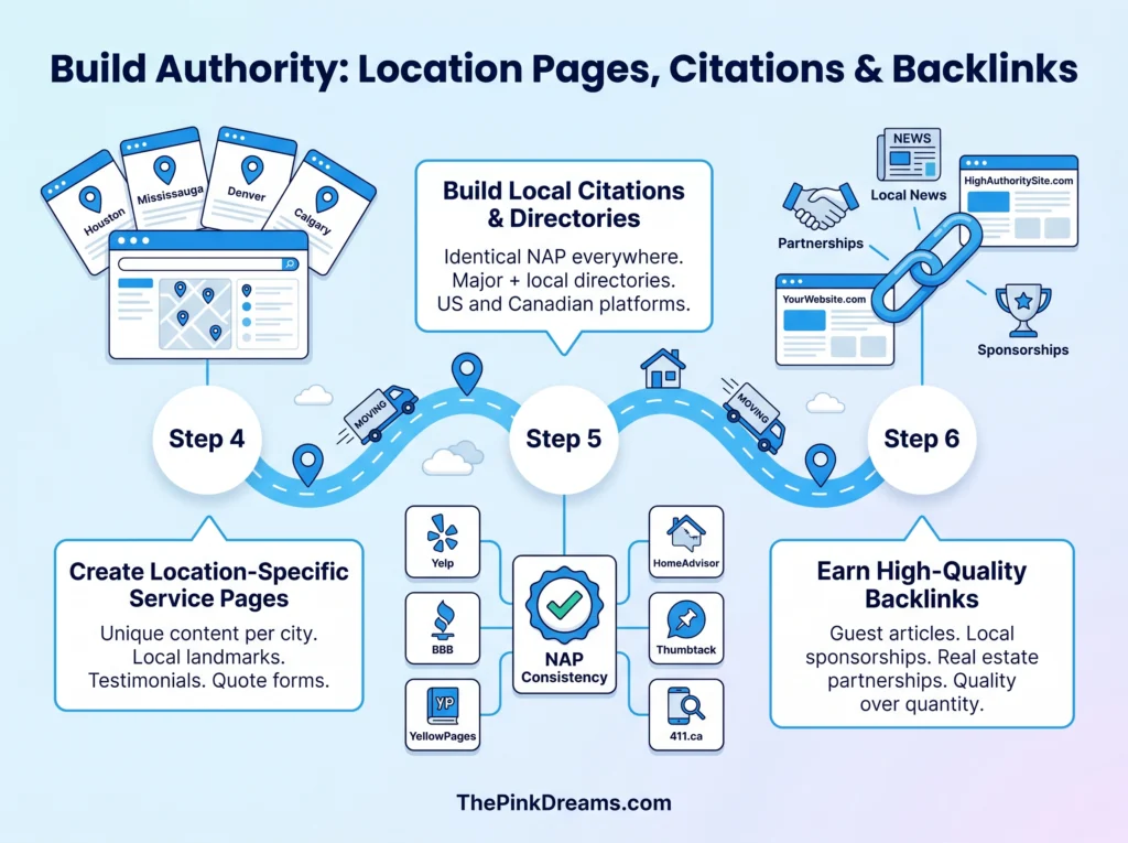 Local SEO for moving companies using location pages, citations, and backlink building strategies