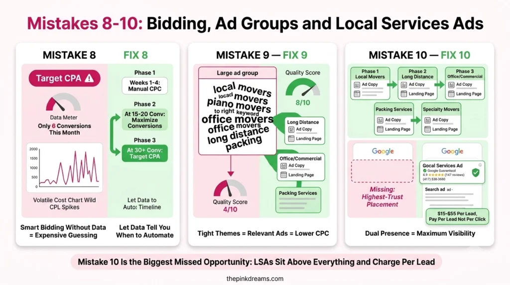 Google Ads bidding, ad groups, and Local Services Ads for moving companies