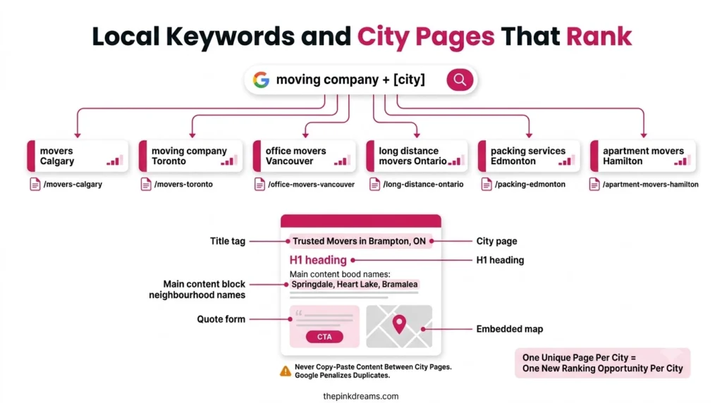 Local keywords and city pages for moving company SEO