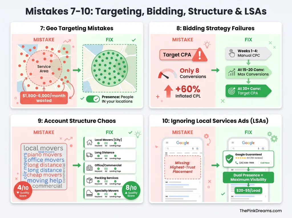 Common Google Ads targeting, bidding, account structure, and Local Services Ads mistakes for moving companies
