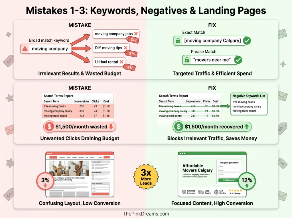 Moving company Google Ads keyword strategy showing broad match mistakes, negative keywords, and optimized landing pages