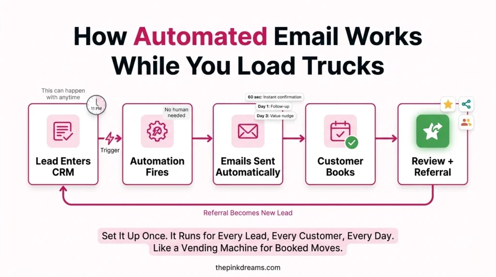 Automated email workflow for moving companies from lead to booking and referral
