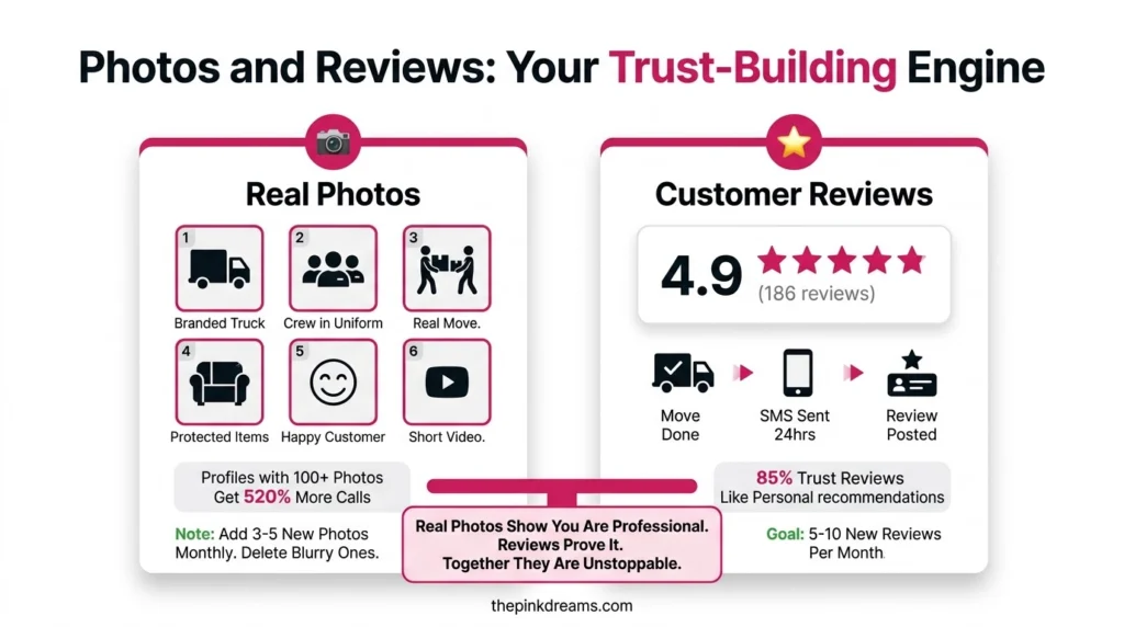 Photos and customer reviews for a moving company Google Business Profile