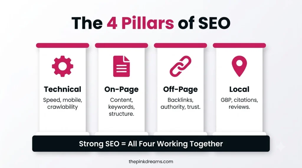 Four pillars of SEO: technical, on-page, off-page, and local SEO