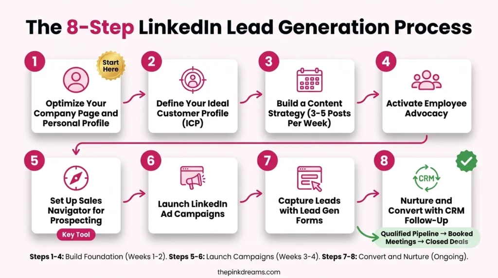 8-step LinkedIn B2B lead generation process from profile optimization to CRM follow-up