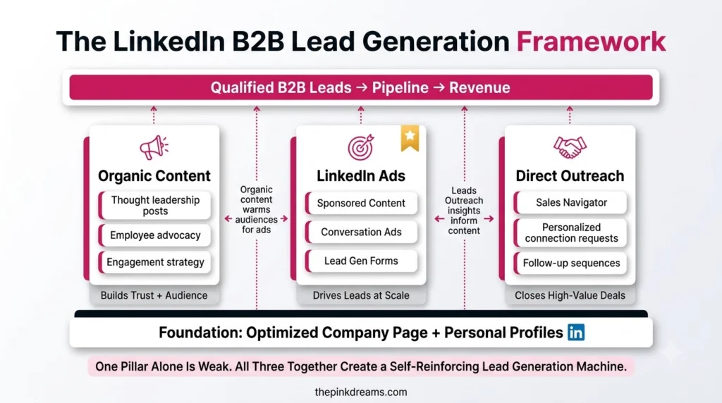 LinkedIn B2B lead generation framework showing organic content, LinkedIn ads and direct outreach