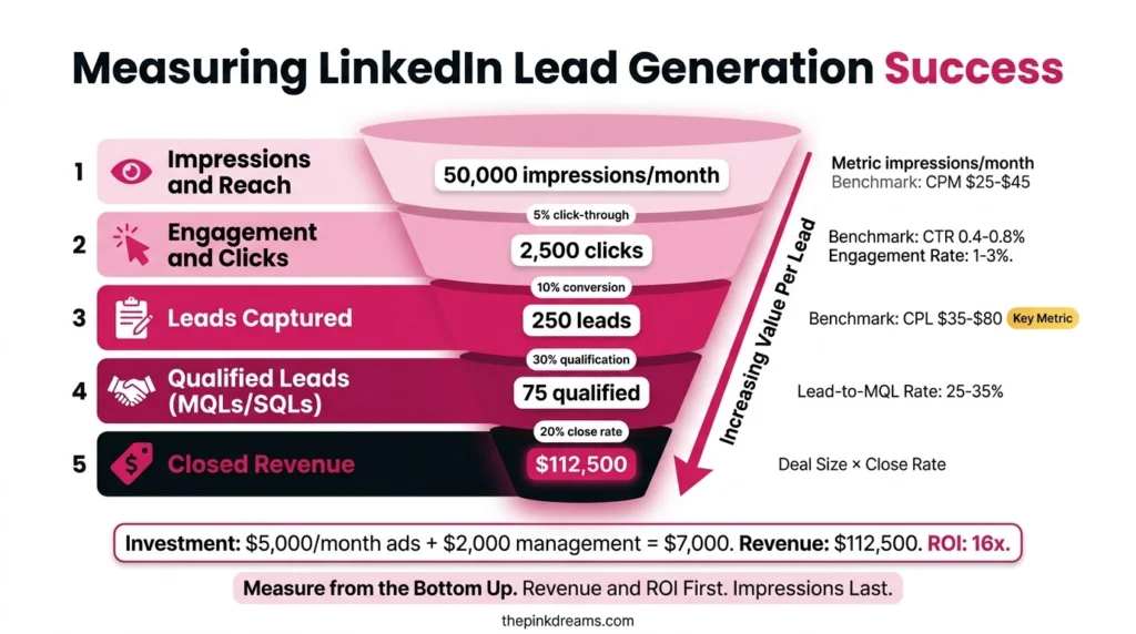 LinkedIn lead generation measurement funnel from reach and engagement to qualified leads and revenue