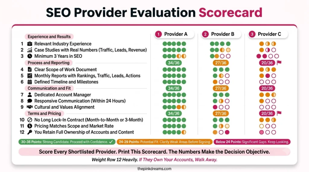 SEO provider evaluation scorecard for comparing agencies and consultants