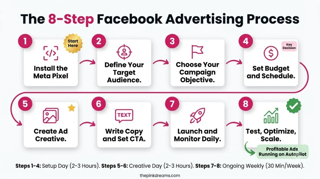 Eight step Facebook advertising process from tracking and targeting to optimization