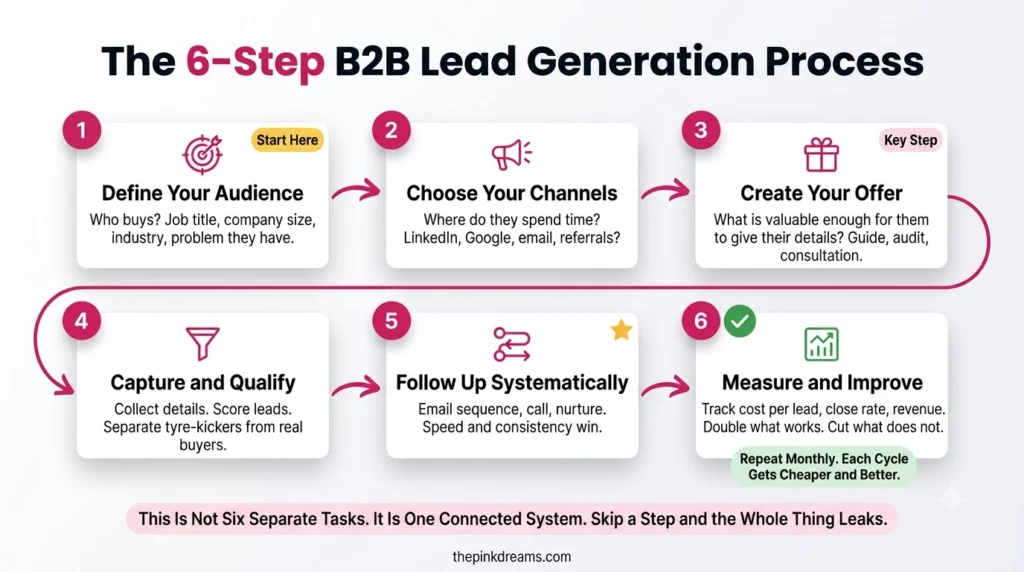Six step B2B lead generation process from audience definition to measurement