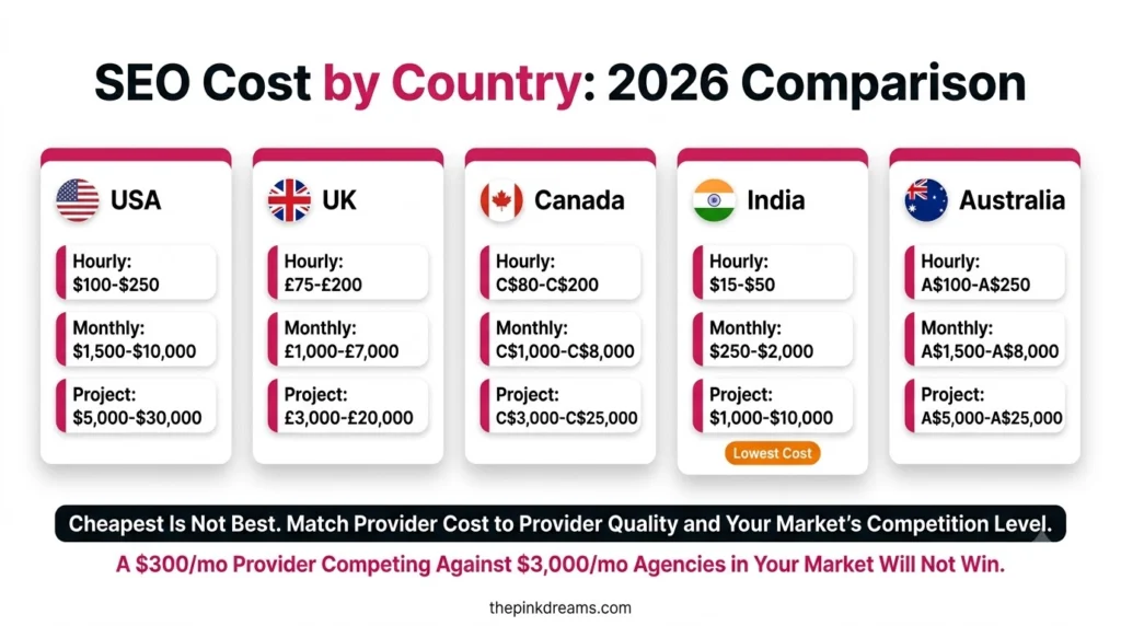 SEO cost comparison by country for the USA, UK, Canada, India and Australia
