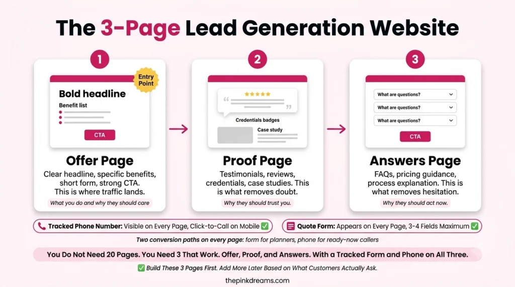 Three page lead generation website structure with offer proof and answers pages