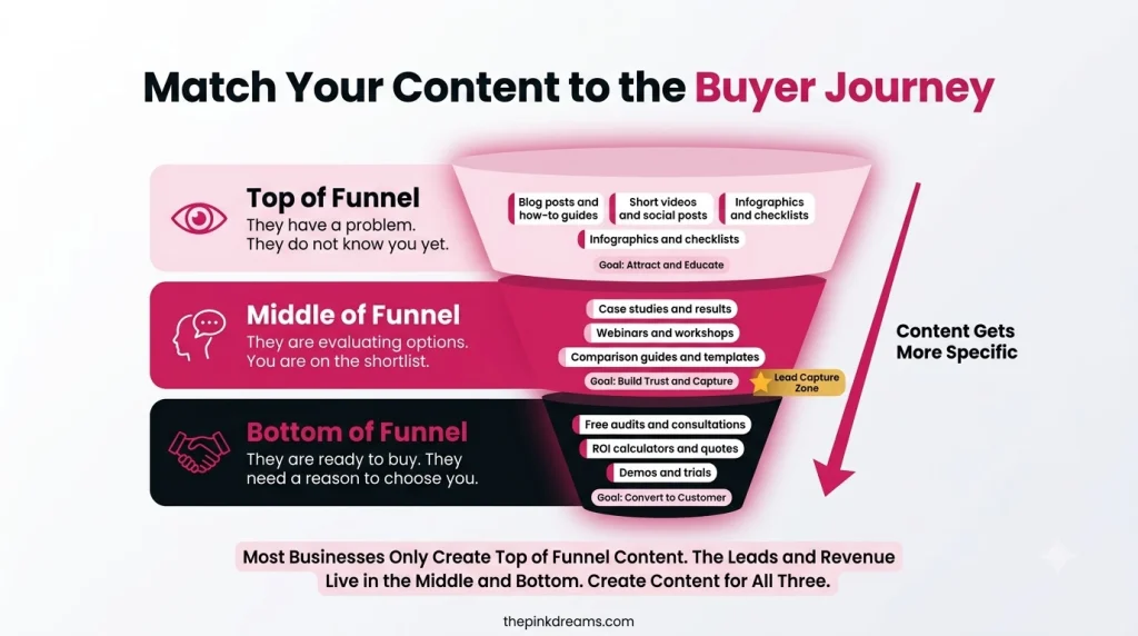 Content mapped to top middle and bottom stages of the buyer journey