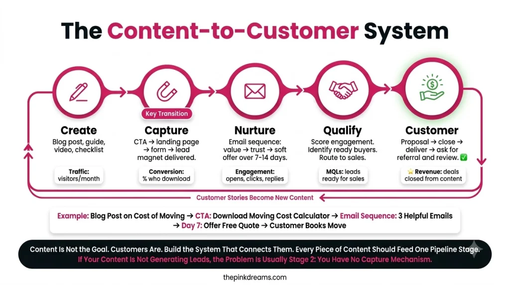 Content to customer system showing how content moves leads through the sales funnel
