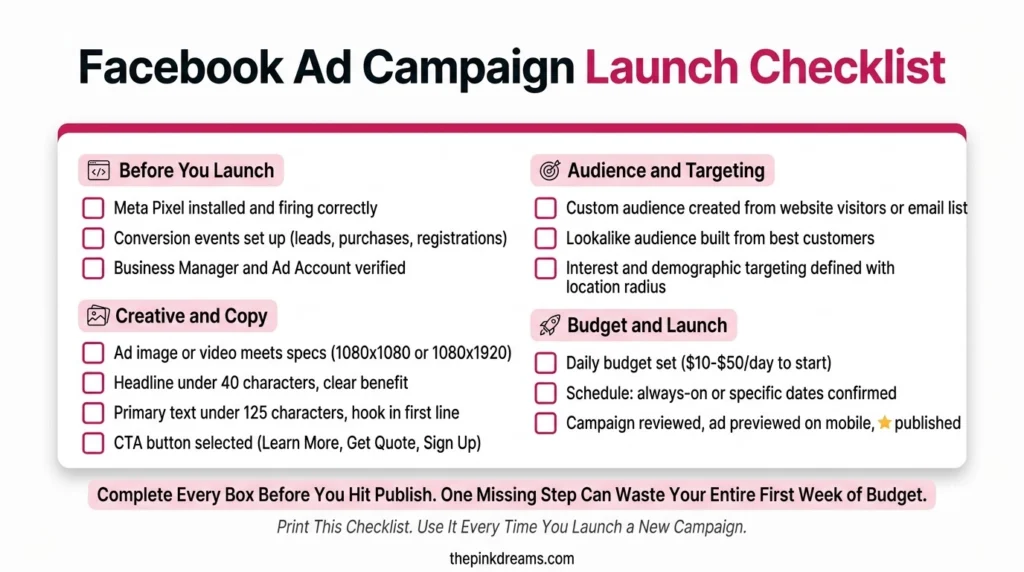 Facebook ad campaign launch checklist for tracking targeting creative budget and follow-up