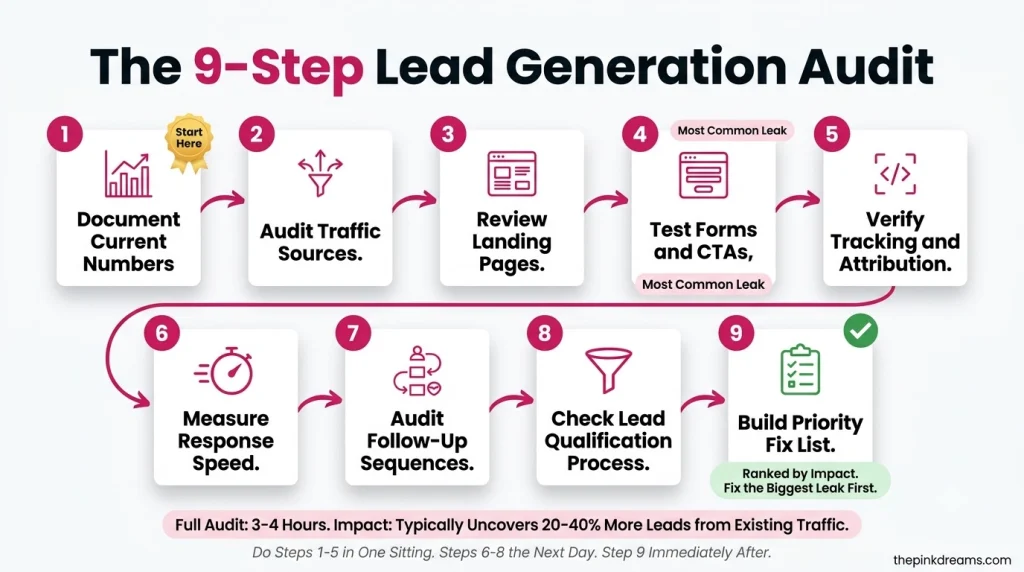 Nine step lead generation audit process for identifying and fixing funnel leaks