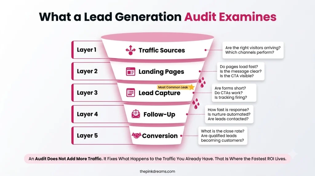 Five layers examined in a lead generation funnel audit from traffic to conversion