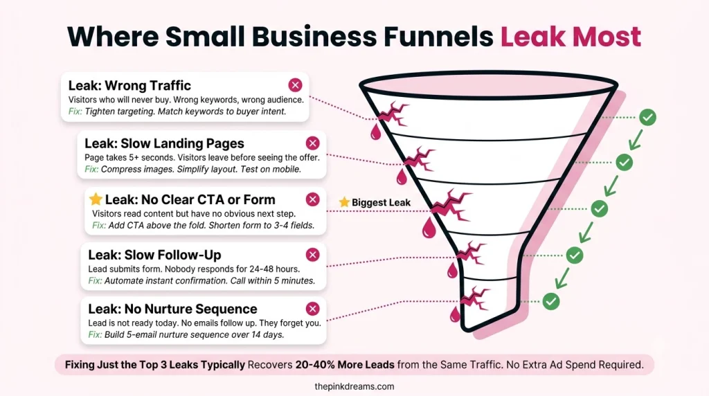 Common lead generation funnel leaks affecting small businesses and ways to fix them