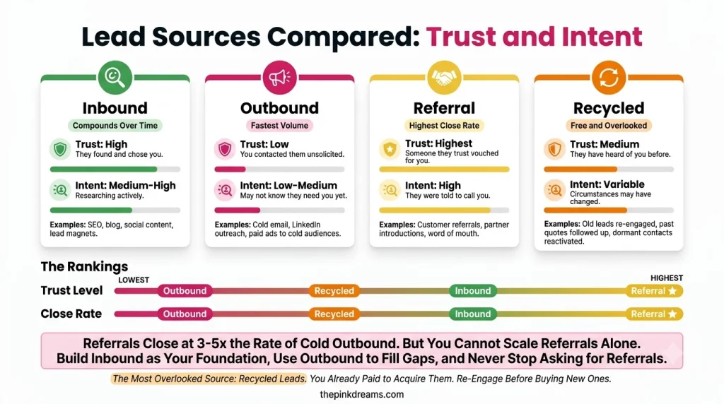 Comparison of inbound, outbound, referral, and recycled leads by trust and buying intent