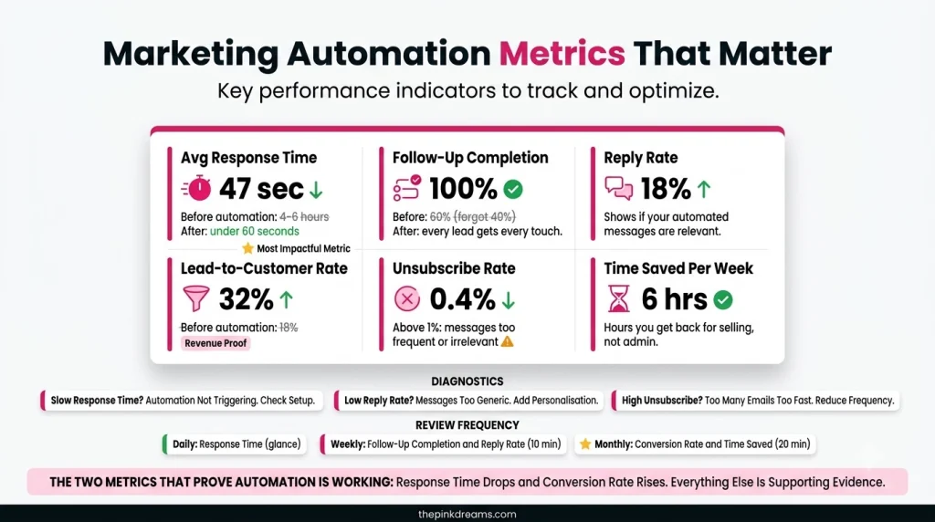 Marketing automation metrics including response time, follow-up completion, reply rate, and conversion rate