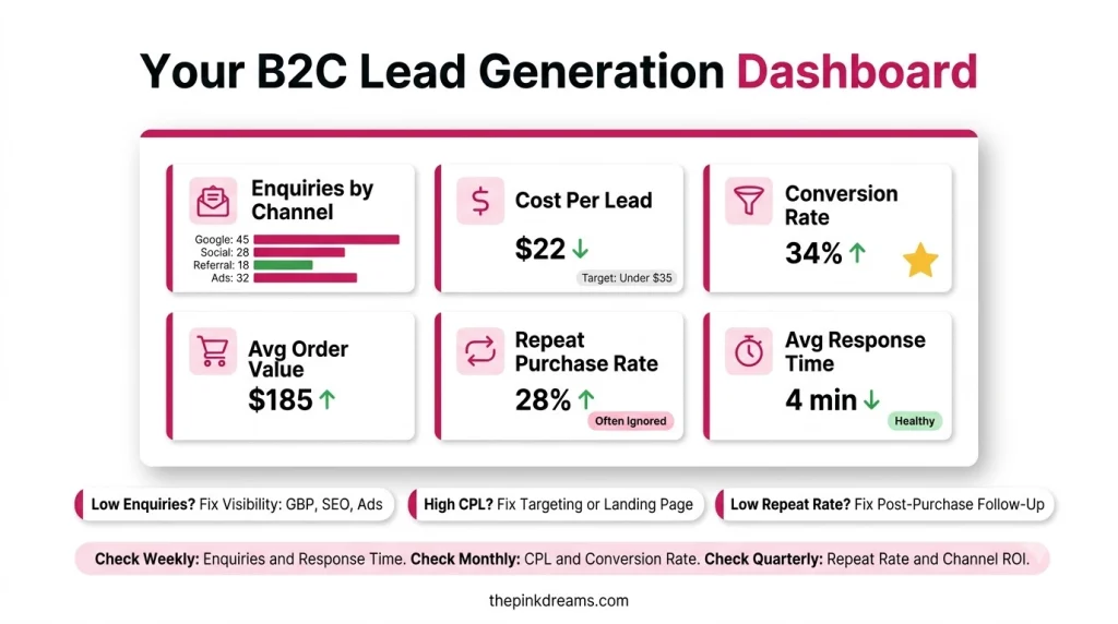 B2C lead generation dashboard showing enquiries, cost per lead and conversion rate