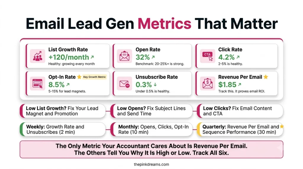 Email lead generation metrics including list growth, clicks, opt-ins and revenue