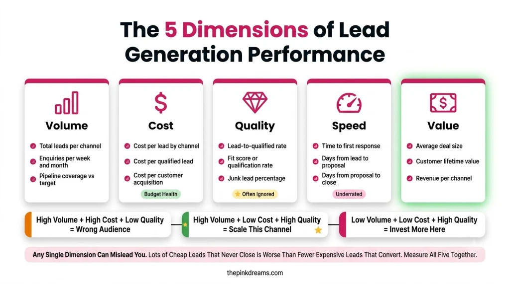 Five dimensions of lead generation performance: volume, cost, quality, speed and value