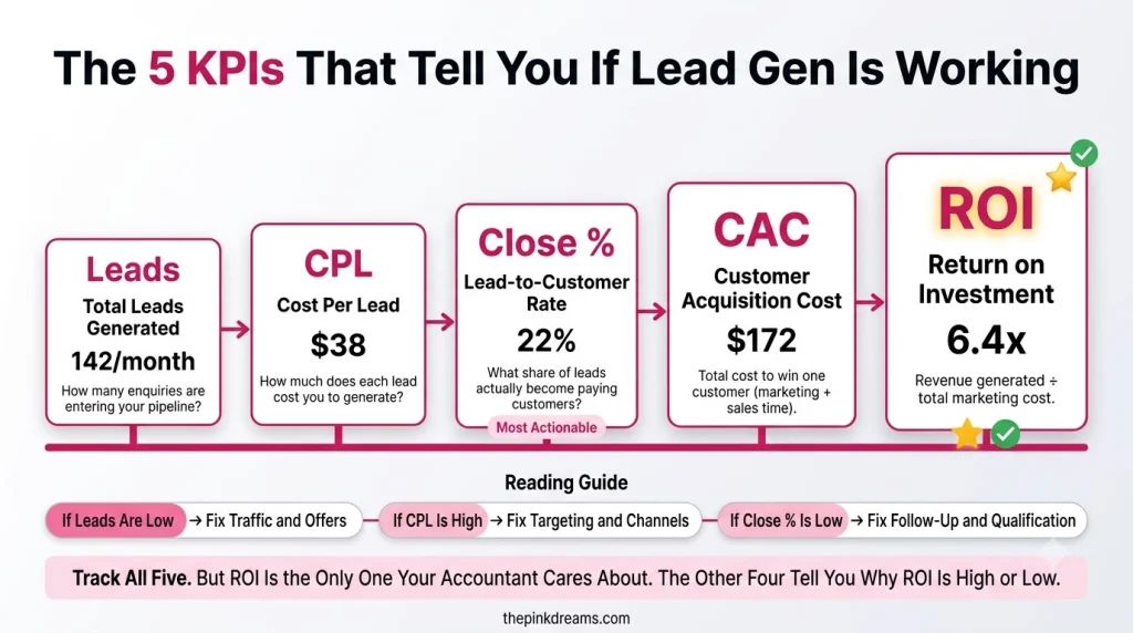 Five key lead generation KPIs including leads, CPL, close rate, CAC and ROI
