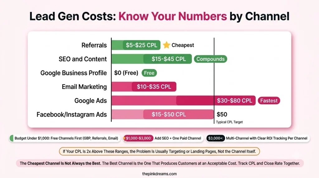 Lead generation costs by marketing channel and cost per lead