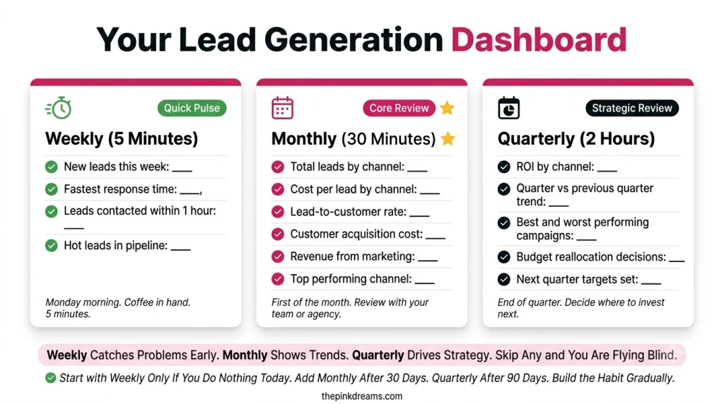 Lead generation dashboard showing weekly, monthly and quarterly metrics