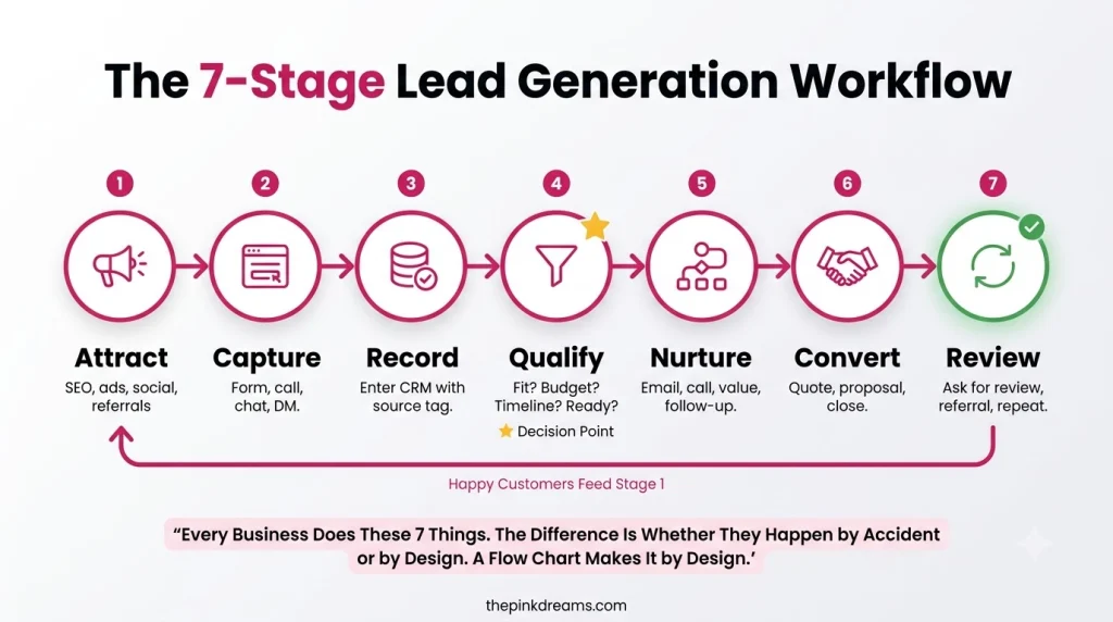 Seven stage lead generation workflow from attracting leads to customer conversion