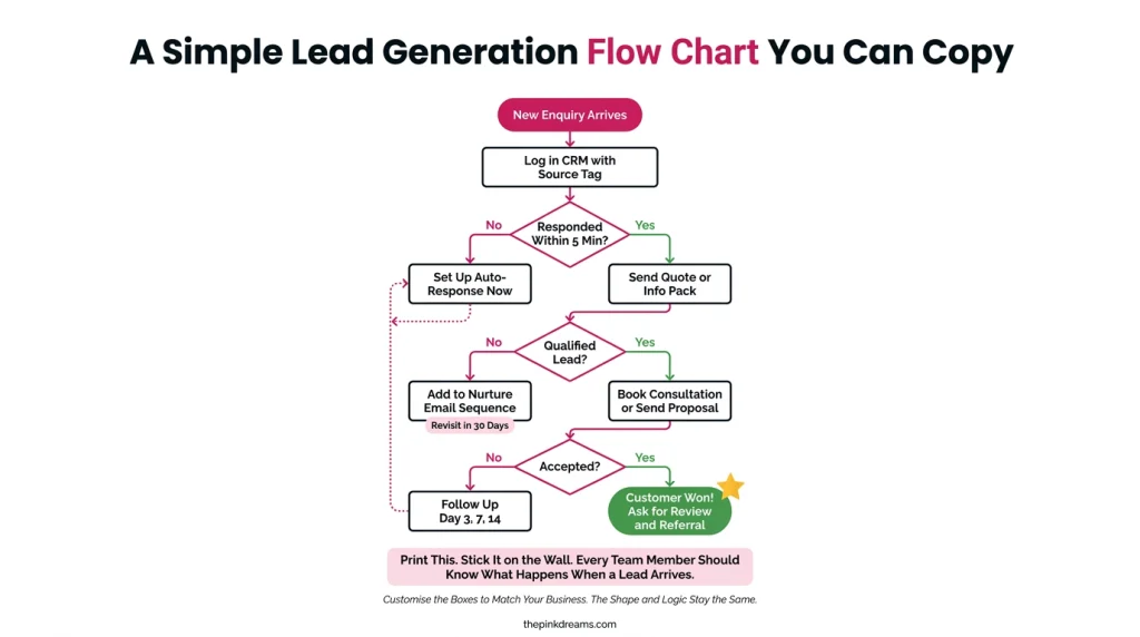 Simple lead generation flow chart showing enquiry, response, qualification, follow-up and conversion