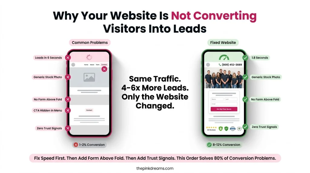 Website conversion optimization showing common problems and fixes for generating leads